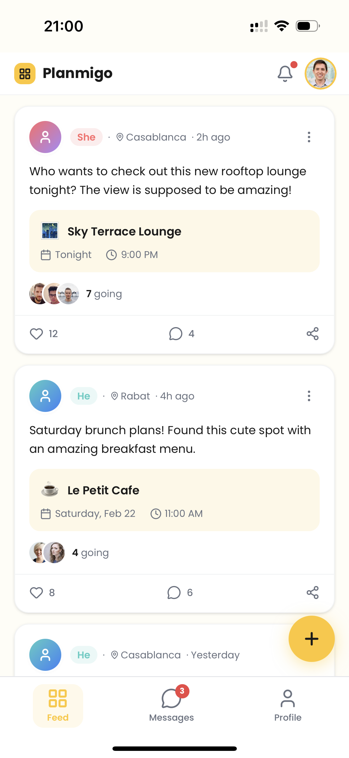 Écran d'accueil avec les plans